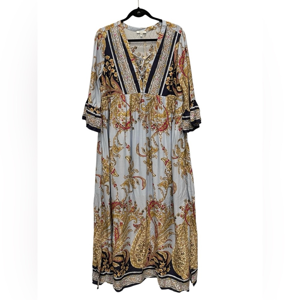 Jodifl Bohemian Paisley Maxi Dress - Light Blue with Gold Accents S NWT